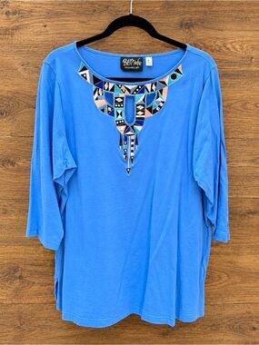 Bob Mackie Wearable Art Women's XL Blue Geometric Embroidered Scoop Neck Top